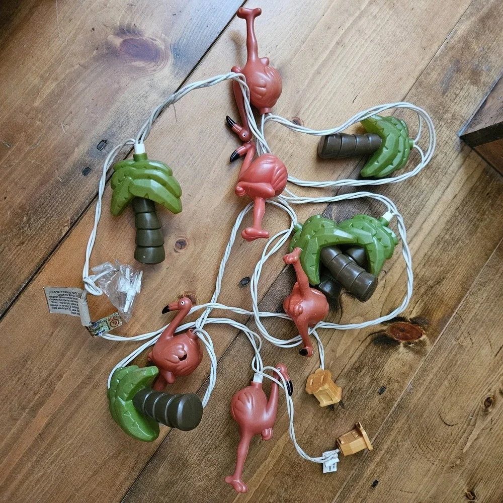 Vintage Flamingo & Palm Tree Patio String Lights Set 5 Ft Tropical Tested